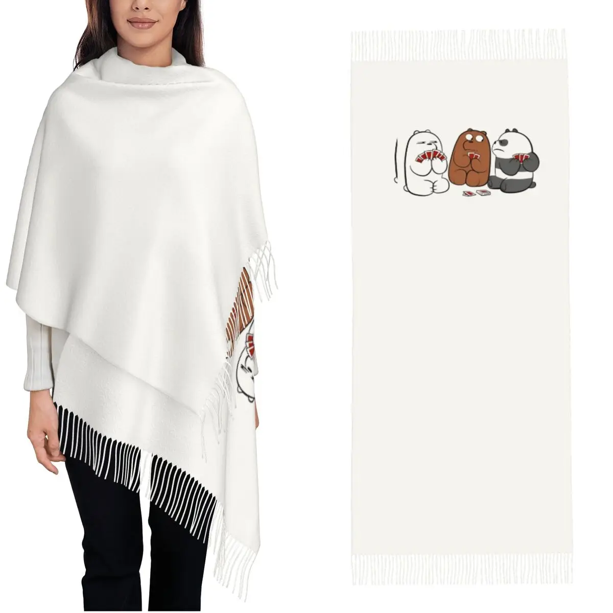 Womens Scarf with Tassel We Bare Bears Play Cards Large Winter Warm Shawl and Wrap Daily Wear Cashmere Scarf