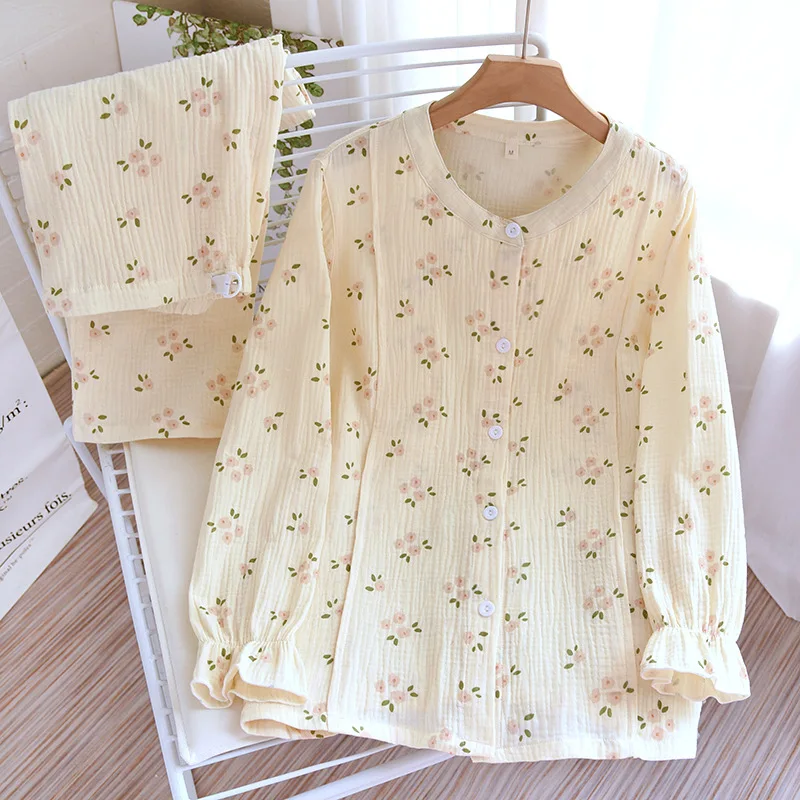 2023 Cotton Gauze Breast-feeding Clothes Thin Crepe Feeding Pajamas Long Sleeve Trousers Maternity Breastfeeding Clothes Pijama