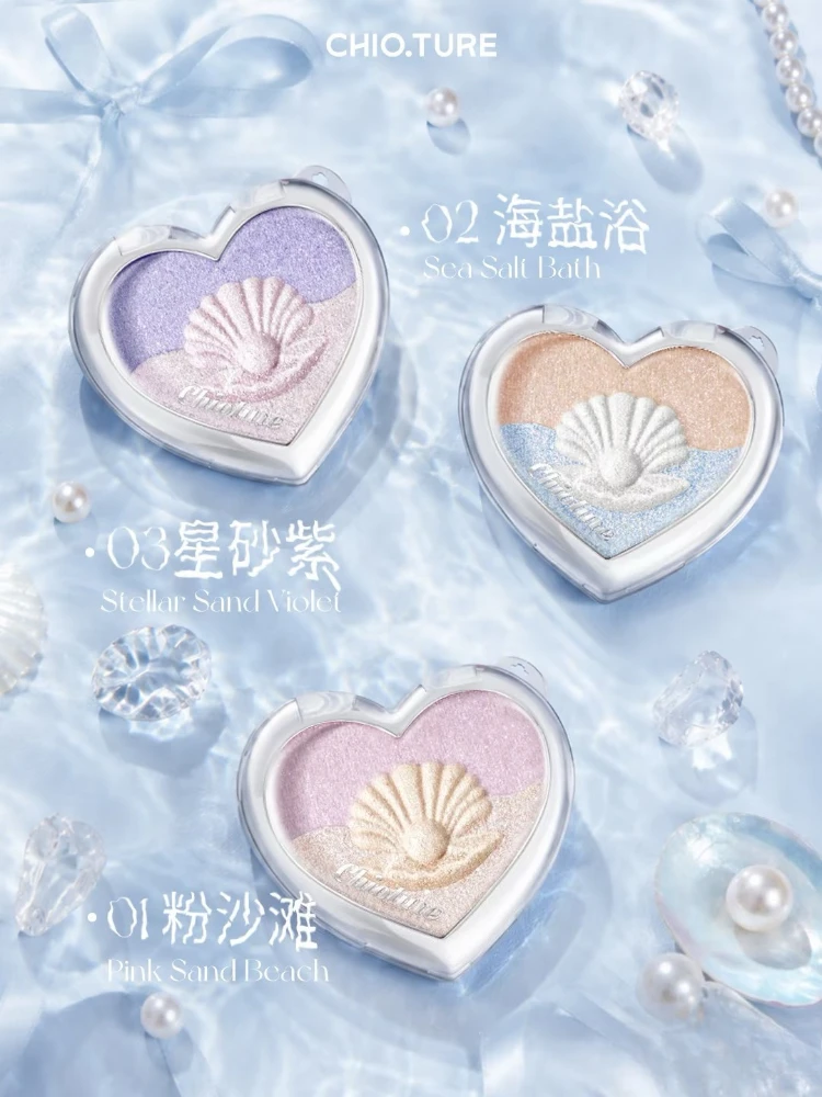 CHIOTURE 3Color Pearl Highlight Palette Shell Relief Sparkle Shimmer Brighten Long-lasting Face Makeup