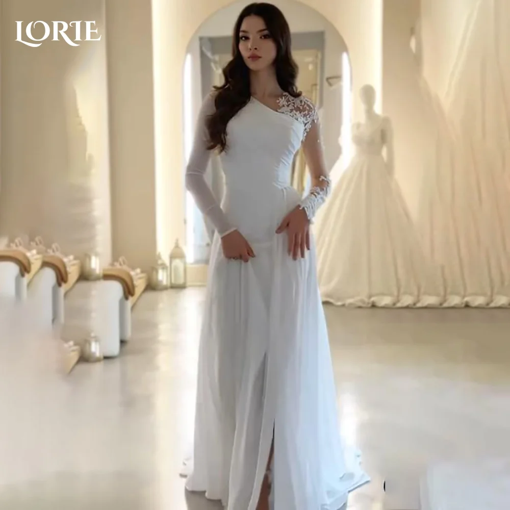 

LORIE Vintage Slit Mermaid Wedding Dress High Collar Lace Bridal Gown Chiffon Flowy Appliques Long Sleeves Bride Gown Customized