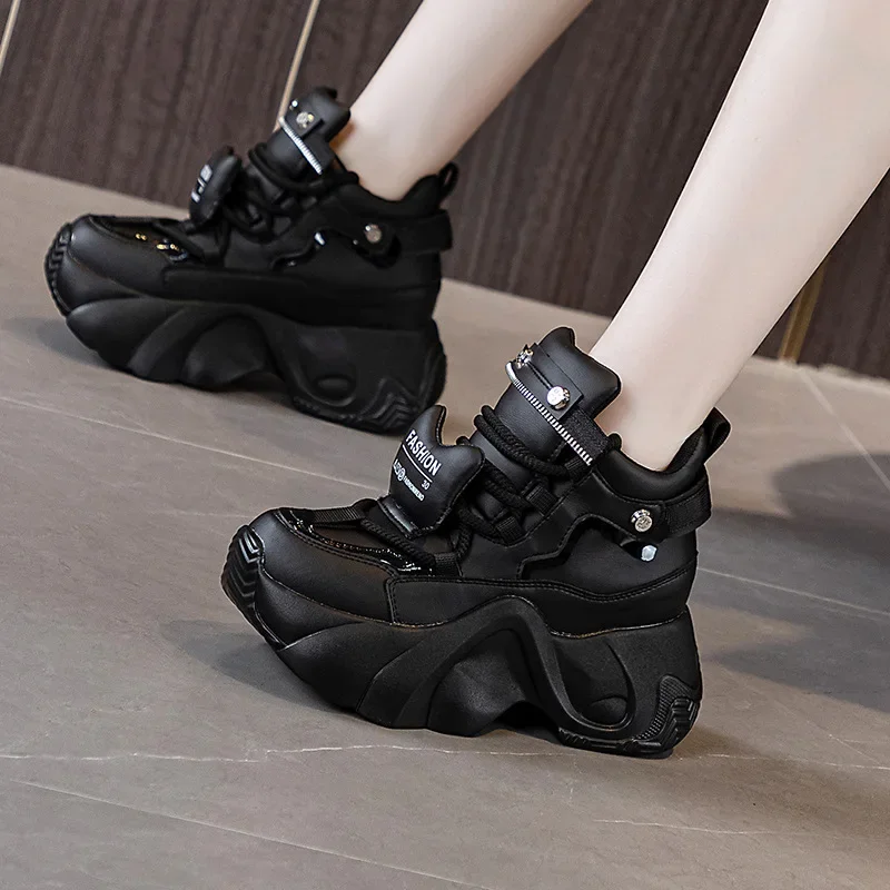 Genuine leather Autumn High Platform Sneakers Women Winter Warm Snow Shoes Comfortable Casual Chunky Shoes 8CM Plush Wedge Heels