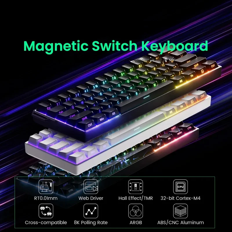 

Механическая клавиатура FUN60 с магнитными переключателями, 60% форм-фактор, для геймеров, быстрый отклик 0.01мм, 8K ARGB, HE/TMR, настраиваемая