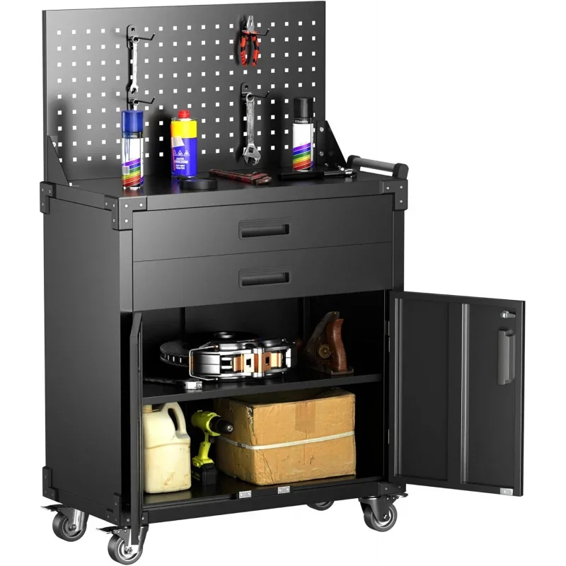 31.5 H Mobile Cart,4 Wheels,Metal Storage Cabinet 2 Drawers & 2 and 1 Adjustable Shelves,Lockable Cabinets Home, Shop