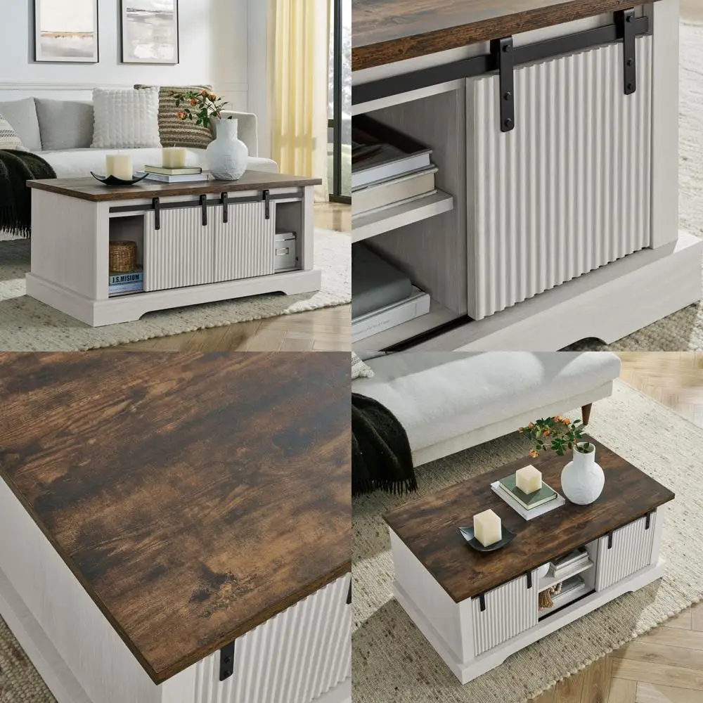 

Журнальный столик в деревенском стиле в фермерском доме с раздвижной дверью сарая и отделением для хранения вещей