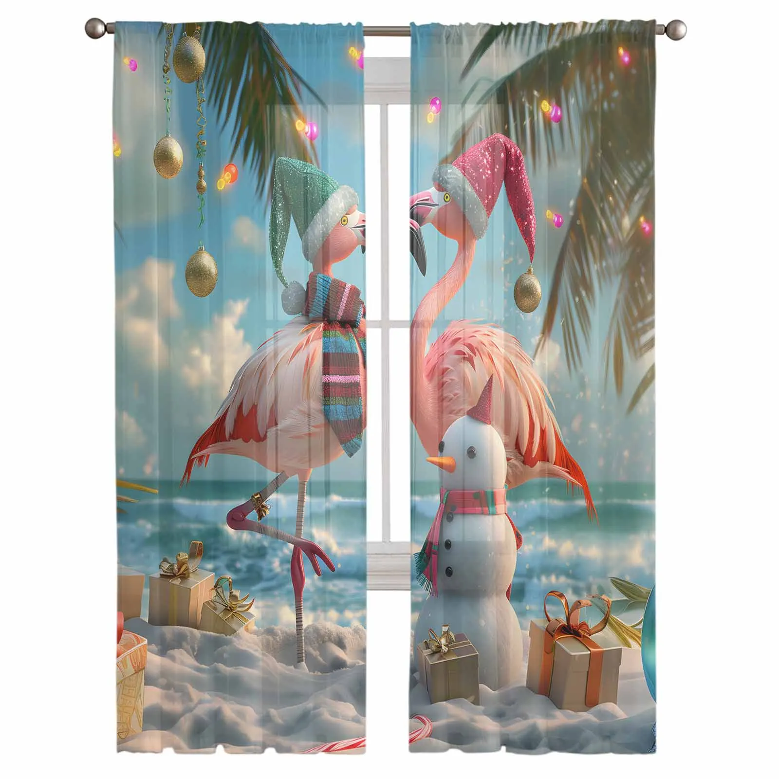 Christmas Beach Palm Tree Snowman Flamingo Sheer Curtains For Living Room Modern Valance Curtains For Kitchen Tulle Curtains