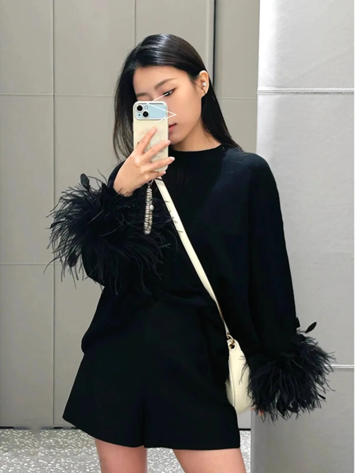 WHITNEY WANG  Designer Style 2024 Autumn Winter Fashion Streetwear Feathers Cuff Black Sweater Women Jumper