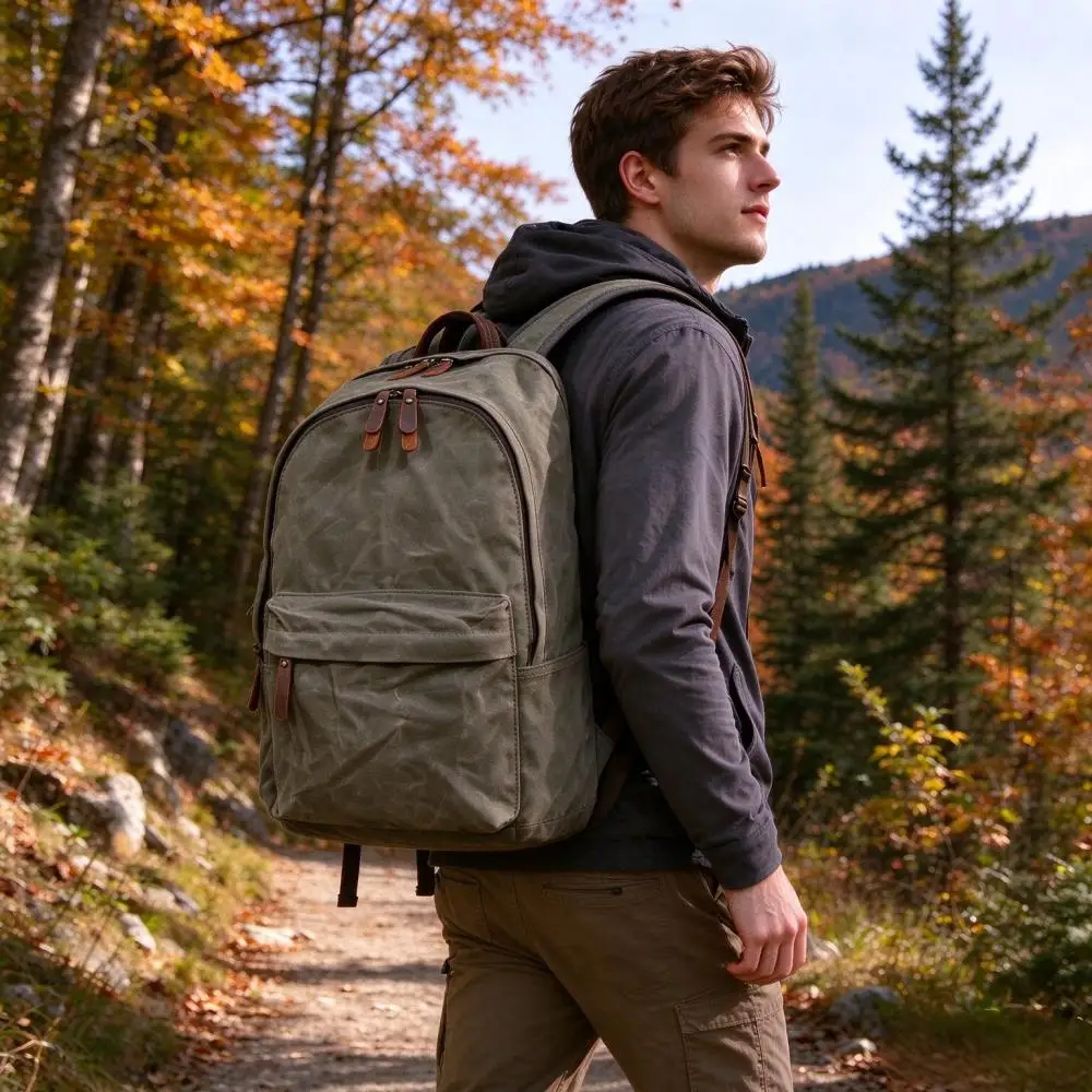 Vintage Waxed Canvas Backpack with Genuine Leather Trim, Casual Outdoor Travel Rucksack for Men Daily School Daypack