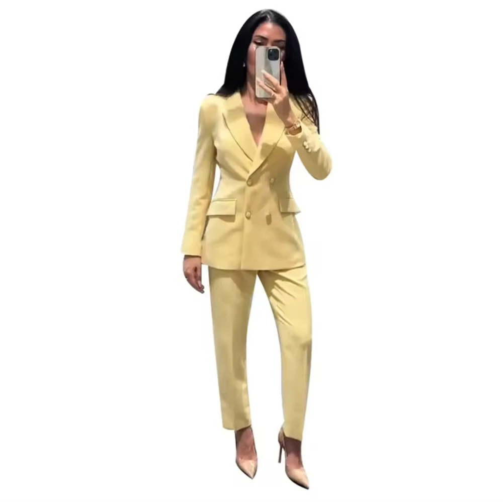 Yellow Blazer Coat Pants Sets 2 Pcs Women Double Breasted Notched Jacket Straight Trousers Suits Female Commute Outfit view 6