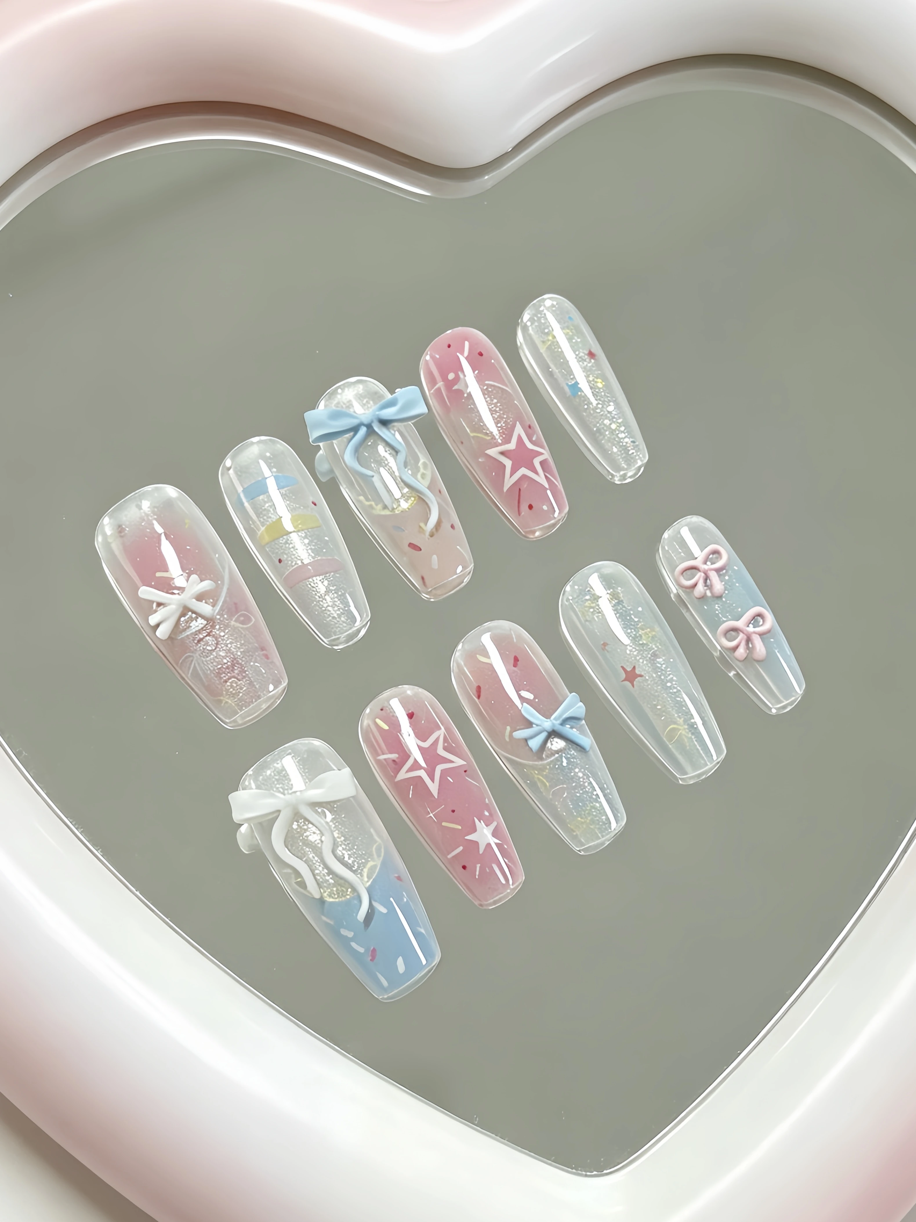 10-Piece Set of Medium-Sized Trapezoidal Nails, Milky White and Pink Blue Gradient Cat-Eye Press-On Nails, French-Style Ins-Style Star and Bow Silver Glitter Nail Tips, Sweet and Cute Nail Stickers for Students, Versatile and Transparent Korean-Style Ins-Style Fake Nails for Dating, Travel, Spring and Summer - view 3