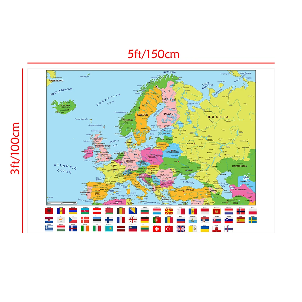 150*100cm The Europe Map In English Non-woven Canvas Painting Vinyl Wall Poster Home Decoration School Office Supplies