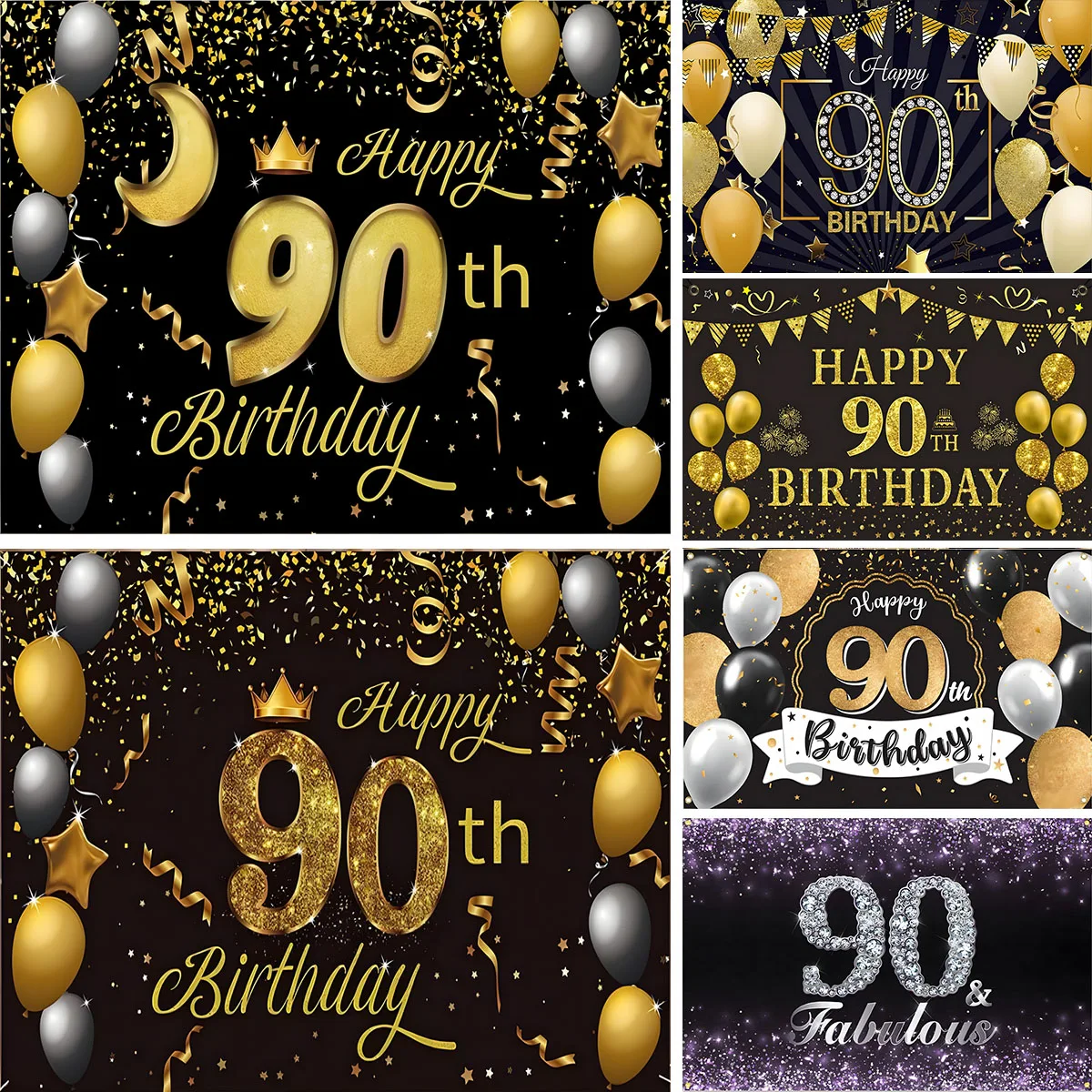 Pano de fundo feliz 90 anos, banner para mesa de festa, balão preto e dourado, fundo confete para mulheres e homens, 90 anos