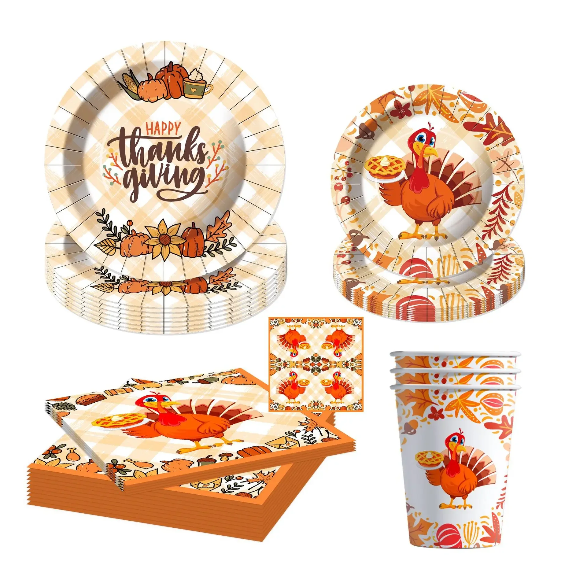 Thanksgiving Day Disposable Tableware Set Cartoon Turkey Maple Leaf Pumpkin Print Plates Cups Napkins Harvest Festival Supplies