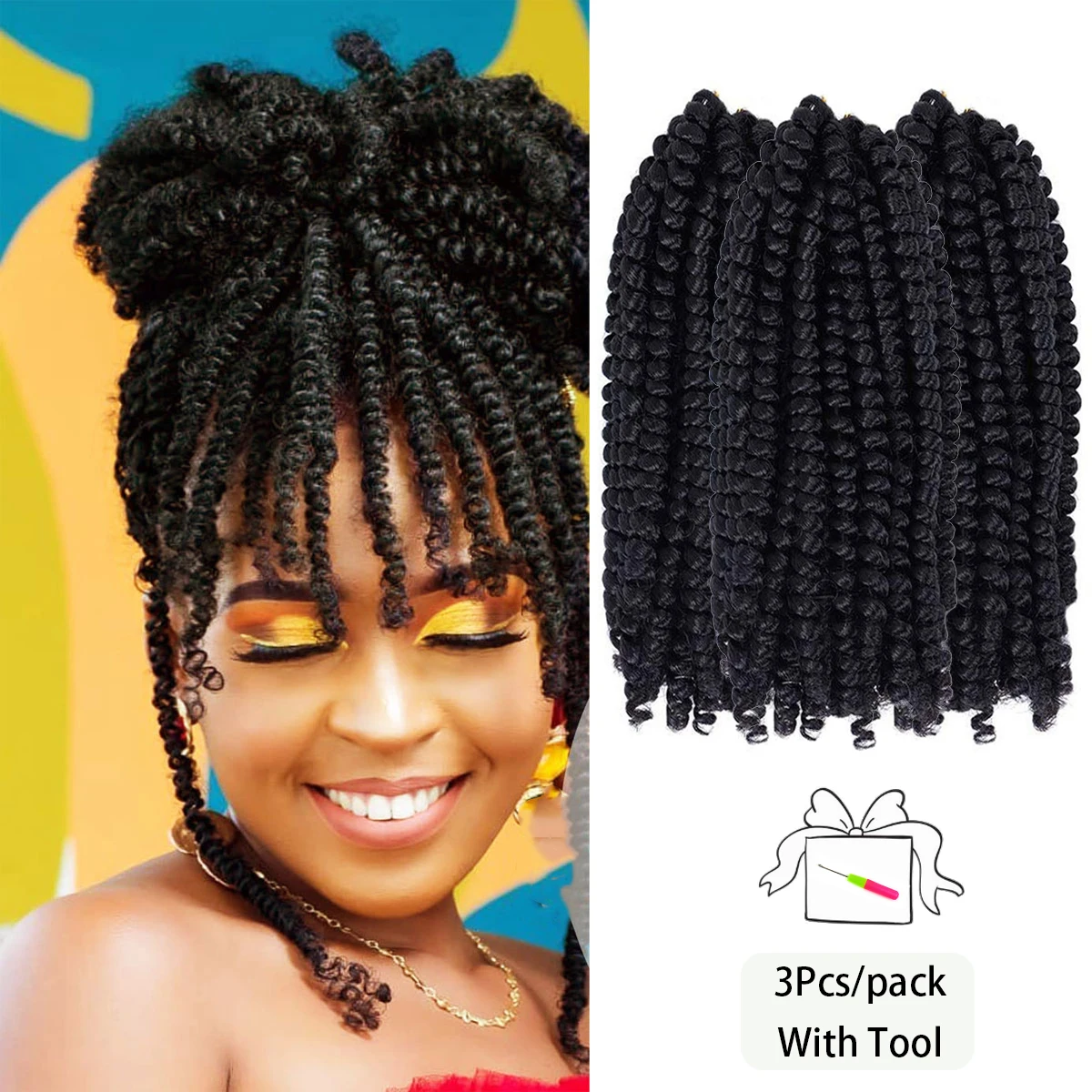 3Pcs Spring Twist Crochet Braids Soft Locs 8Inch Short Low-Temperature Synthetic Fluffy Braids with Tool Easy to Wear Women Dail