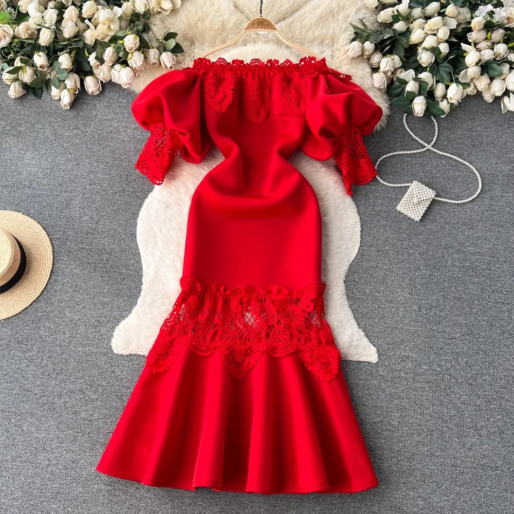 Elegant Sexy High Waist Lace Ruffle Slash Neck Puff Sleeve Dress Vacation Vestidos Slim Women Party Ceremonial Trumpet Dress