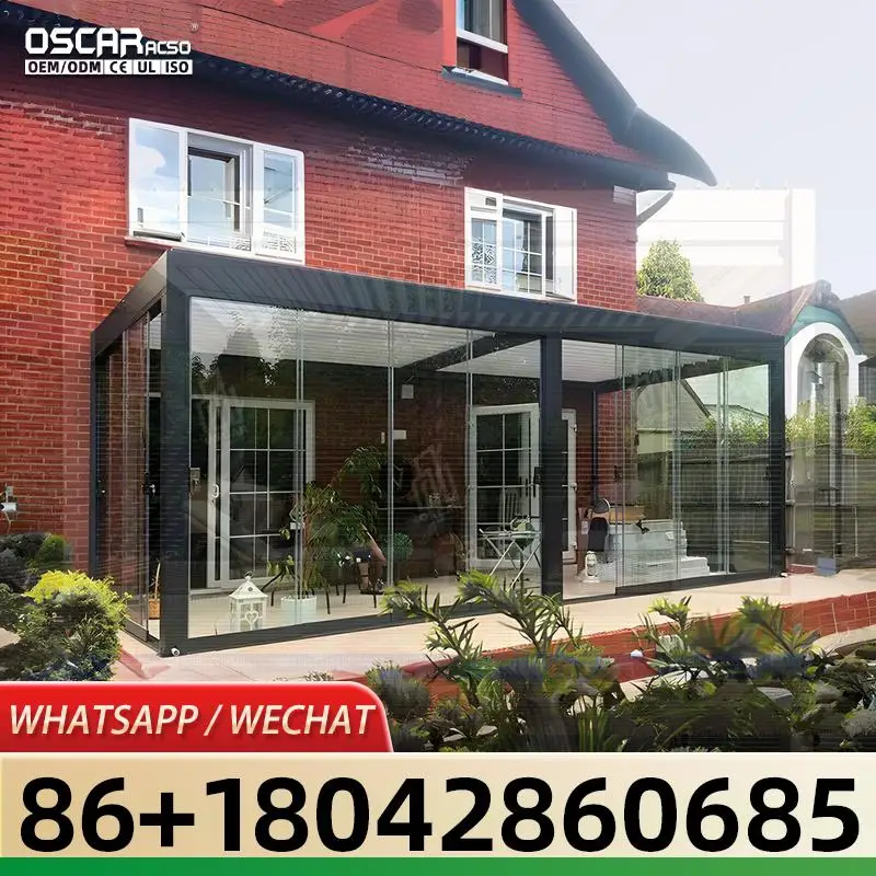 Modern Bioclimatic Aluminum Alloy UV Resistant Enclosed Motorized Louvered Structure with Glass Door Screen for Backyard Terrace