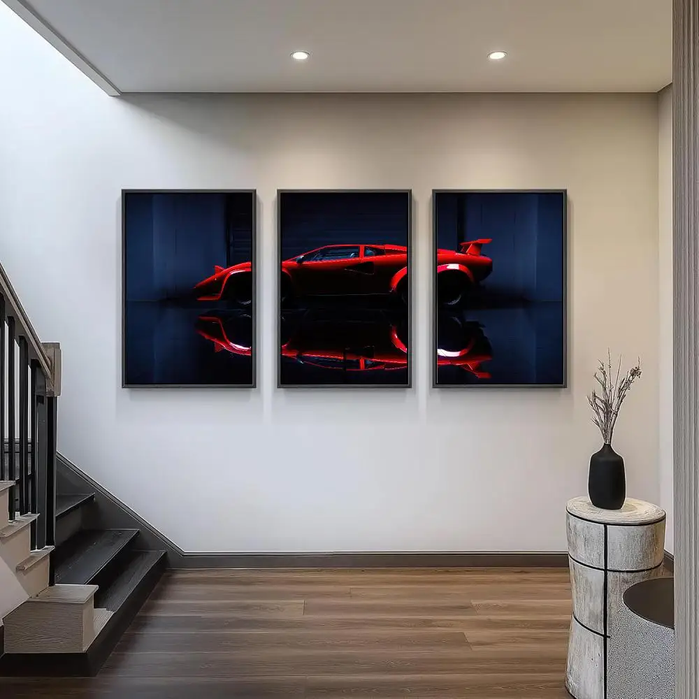 Sports Car Wet Road Reflection Painting Calligraphy 3PCS Canvas Art Poster Set for Living Room Bedroom Office Home Decor Gift
