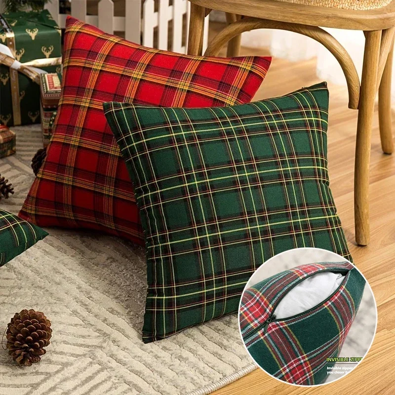 1PC Christmas Buffalo Check Plaid Throw Pillow Covers Cushion Case Polyester for Farmhouse Home Decor Red and Green Cojines