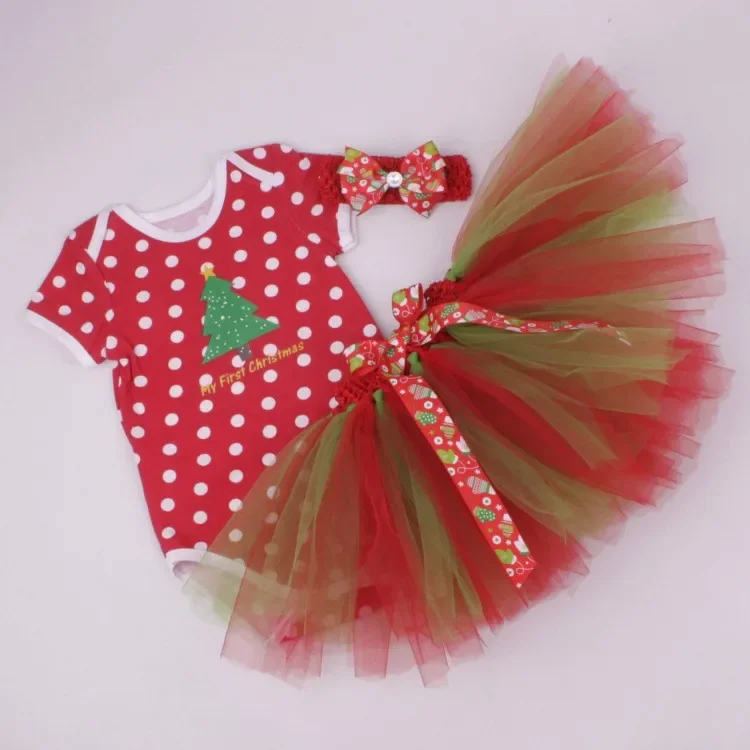 

Костюм из трех предметов для новорожденных, рождественский образ, комбинезон без рукавов с рюшами, юбка-пачка, мой первый рождественский костюм с принтом Intants, новогодний костюм