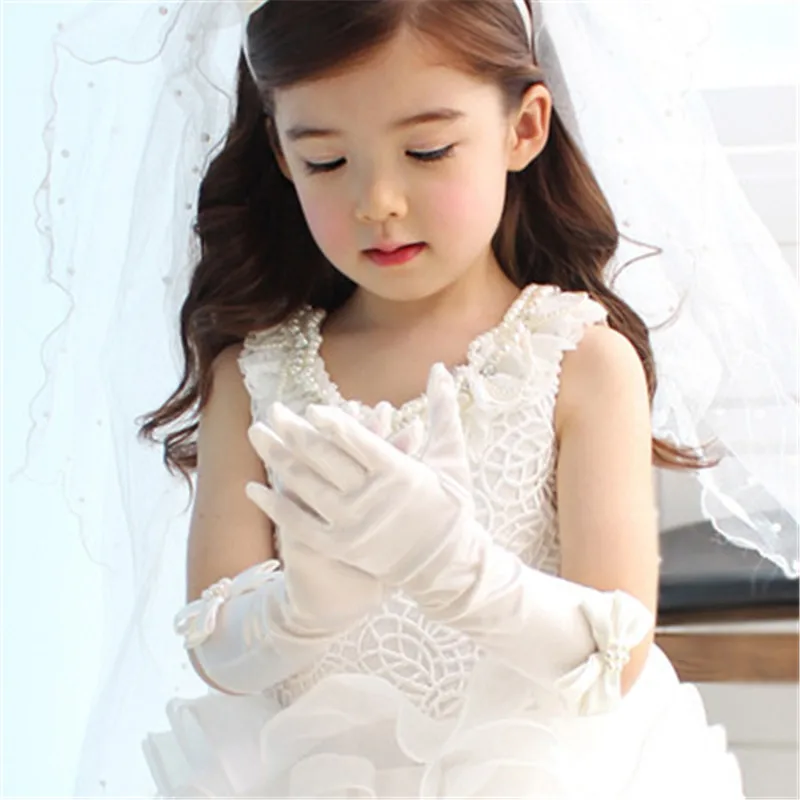 Children Girls Gloves Satin Long Gloves Children\'s Day Party Performance Dance Gloves with Bowknot Kids Dress Accessories
