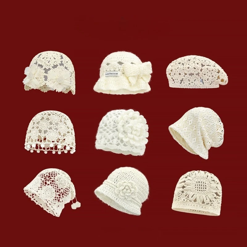 

Hand Woven Hollow Toe Cap Women's Spring and Autumn Thin Woolen Hat Retro Artistic Knitted Beret