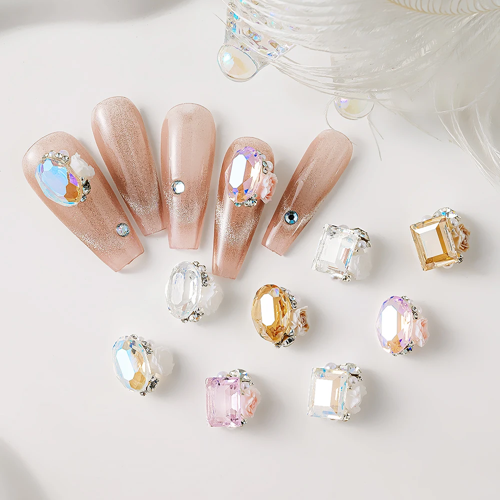 Ice Transparent Pink Blue Nail Rhinestones Pile Gems 10pcs Sparkling Diamond Crystal Nail Charms Oval Rectangular Rhinestones