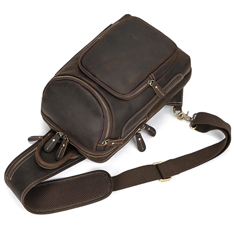 Men Leather Bagpack Shoulder Cross Body Chest Bag Genuine Leather Cowskin Chest Pack For Outdoor Travel Messenger Bag Riding