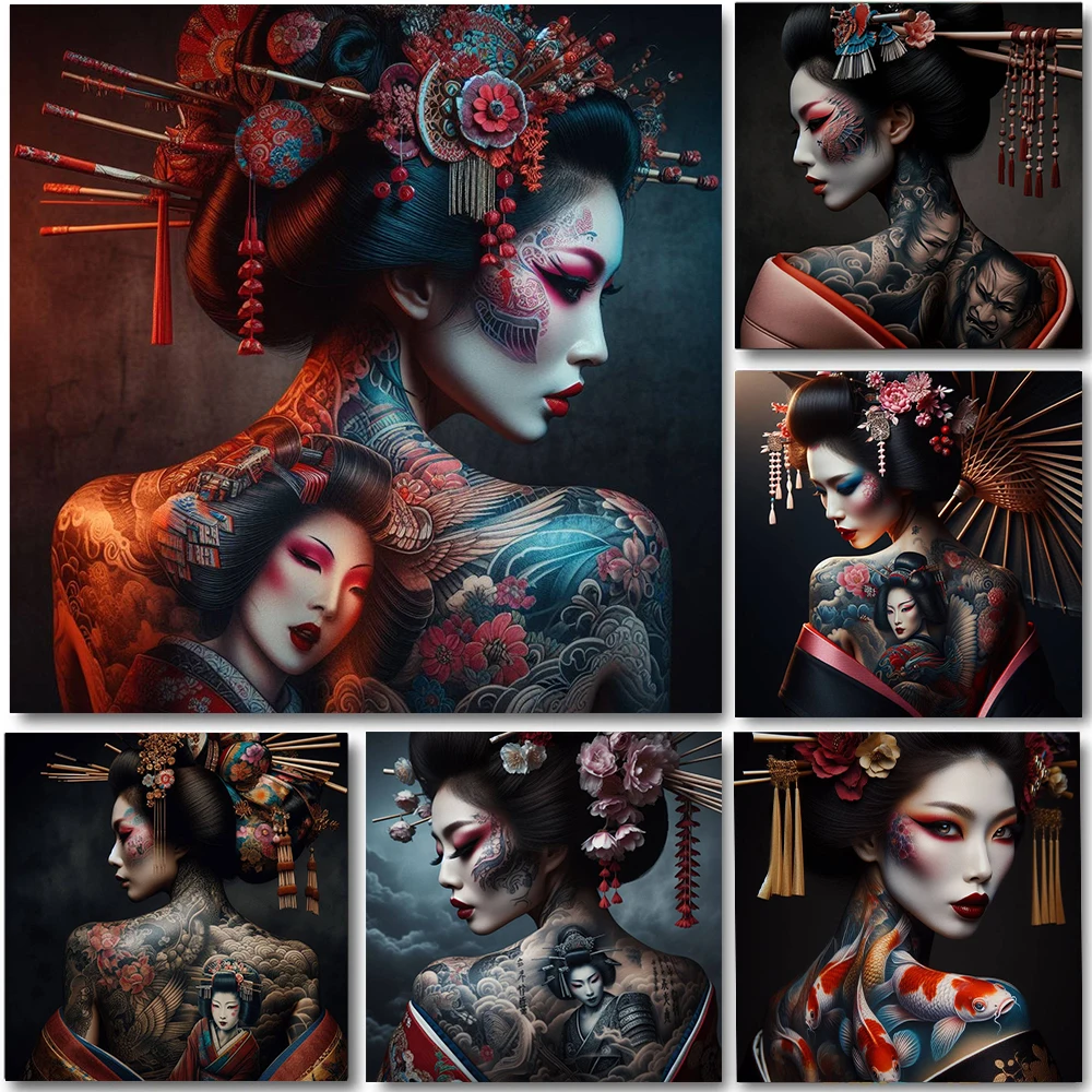 Dark Academia Art Japanese Geisha Poster Prints For Home Decor Gothic Body Tattoo Woman Portrait Canvas Painting Wall Art Gift