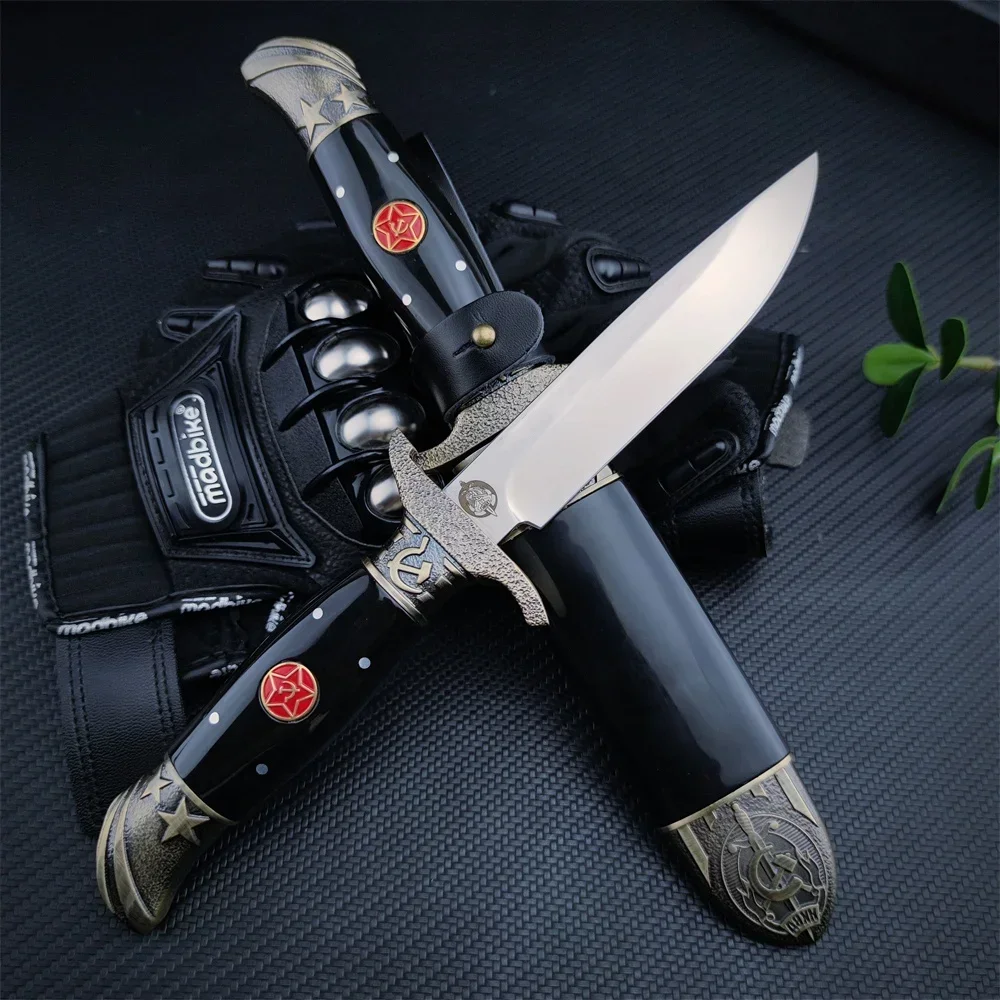 RU Finka NKVD Bushcraft Fixed Blade Knife with Sheath Mirror Blade Zinc Alloy Resin Handle Full Tang Hunt Tactical Survival Tool