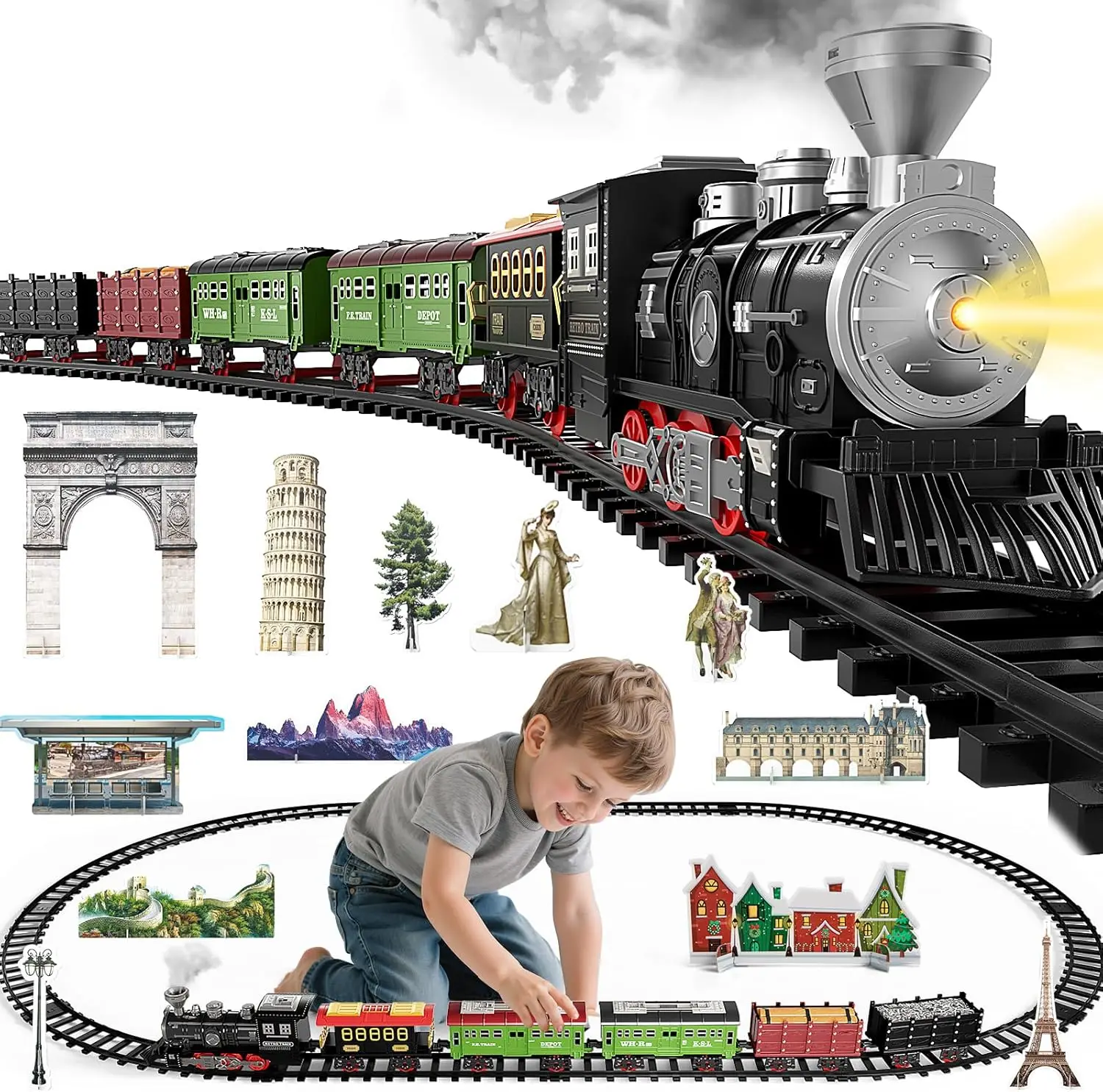 

Large Train Set for Kids 4-8, Electric Train Toy with Realistic Sound, Lights and Smoke for Under Christmas Tree,Toddler Model T