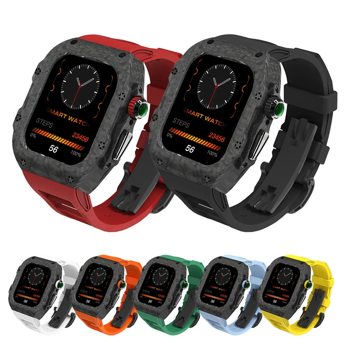 

Роскошный модификационный комплект, чехол из углеродного волокна для Apple Watch Ultra 2, 49 мм, ремешок из фторкаучука для iWatch серии 10, 9, 8, 7, 6, 46 мм, 45 мм