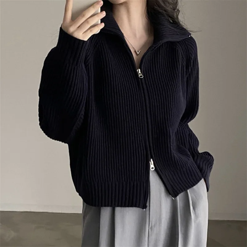 Korean Fashion Zipper Up Knitting Cardigan Women Autumn Long Sleeve Turtleneck Sweater Woman Solid Color Cropped Cardigans XK30