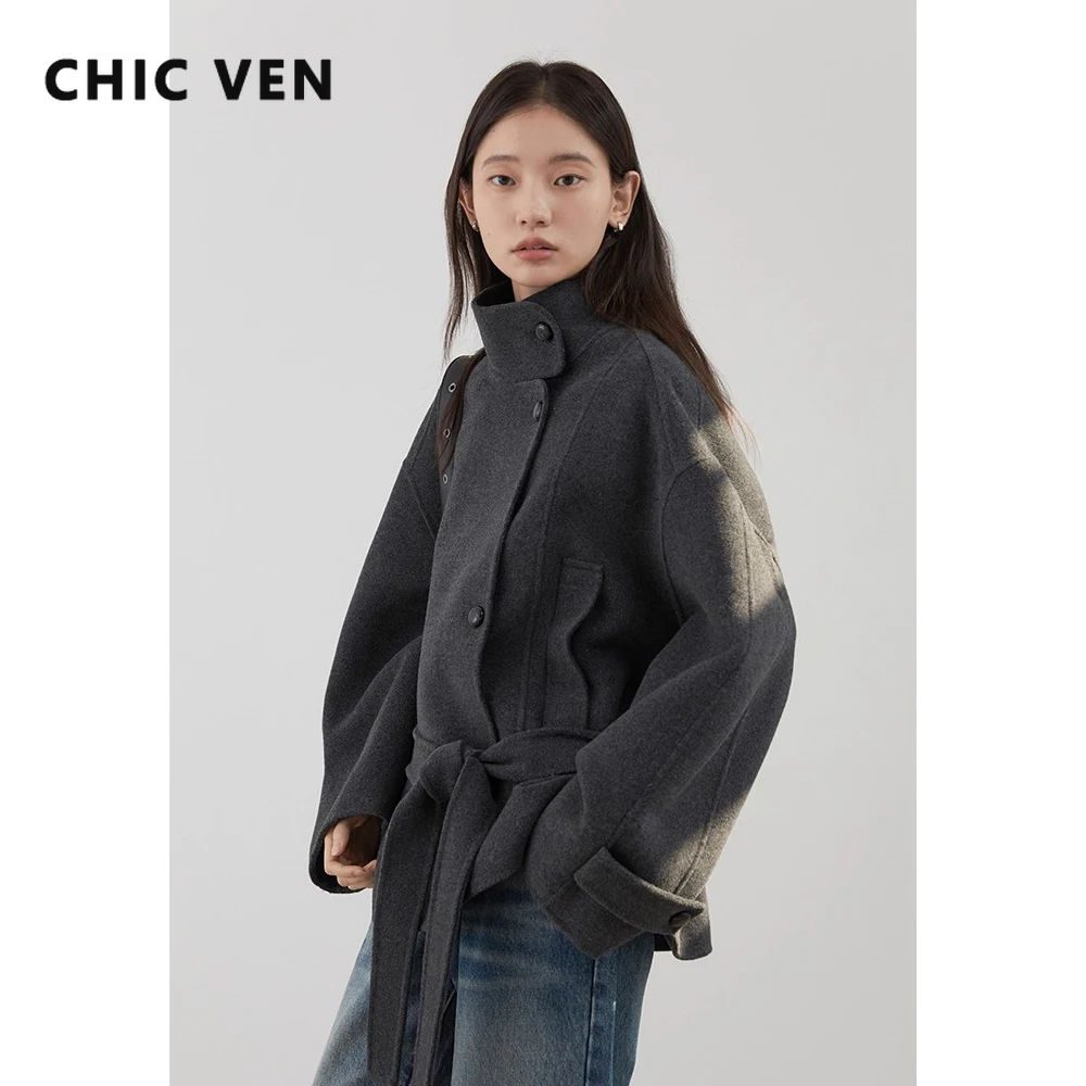 

CHIC VEN Korean Women Double-sided Belt Woolen Coat Loose Overcoat Solid Ladies Outerwear Girl Jackets Autumn Winter 2025