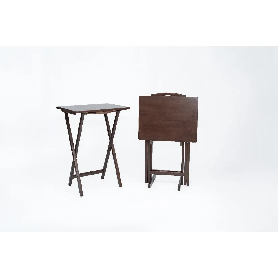 

3-Piece Rubberwood Folding TV Tray Table Set of 2 with Storage Rack Walnut