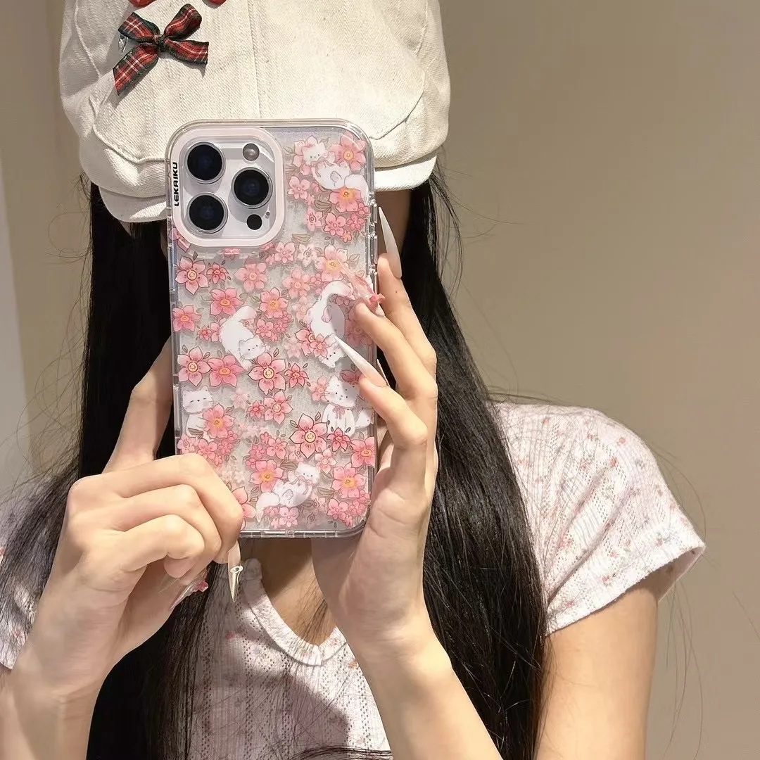 ساكورا الوردي الزهور زهر الكرز هريرة بريق الفن جراب هاتف آيفون 16 15 14 13 برو ماكس حافظة لطيف الحلو الكرتون غطاء