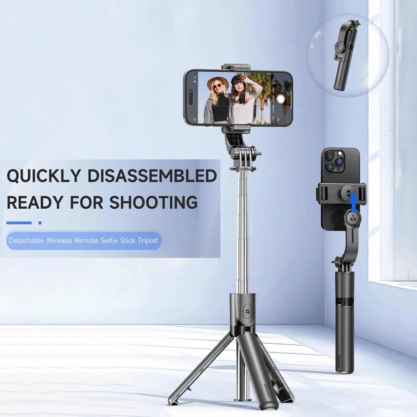 Ausziehbares Selfie-Stick-Stativ für Telefon Max. Länge 67,2 cm/26,5 Zoll mit abnehmbarem Telefonclip, Fernauslöser, Telefonstativ