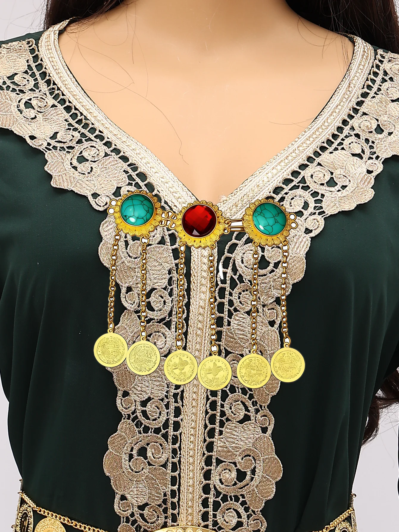 

Fashionable Retro Women's Collar Button DIY Handmade Button Inlaid with Artificial Gemstones and Turkish Coin Pendant Women's Robe Clothing Accessories