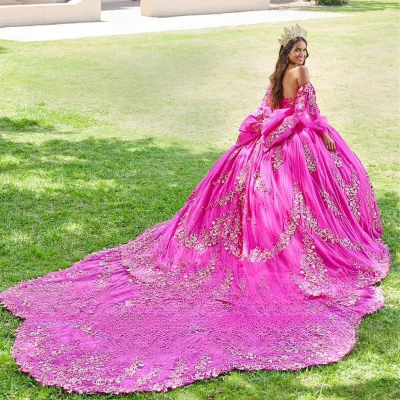 Aangepaste Roze magenta Quinceanera Jurken Pailletten sticker lange mouwen cape rok Afneembaar en bubble vestidos de 15 jaar