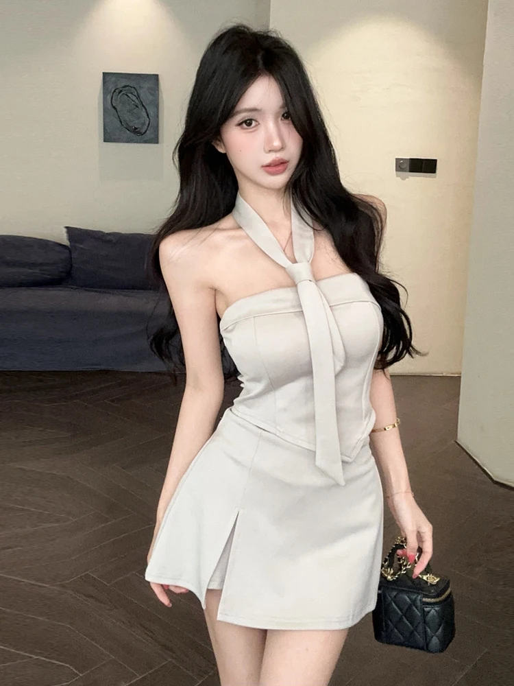 

Pure Desire Sexy Short Crop Top High Waist Slim A-Line Split Shorts Skirt Two-Piece Set for Young Women Summer Fashion