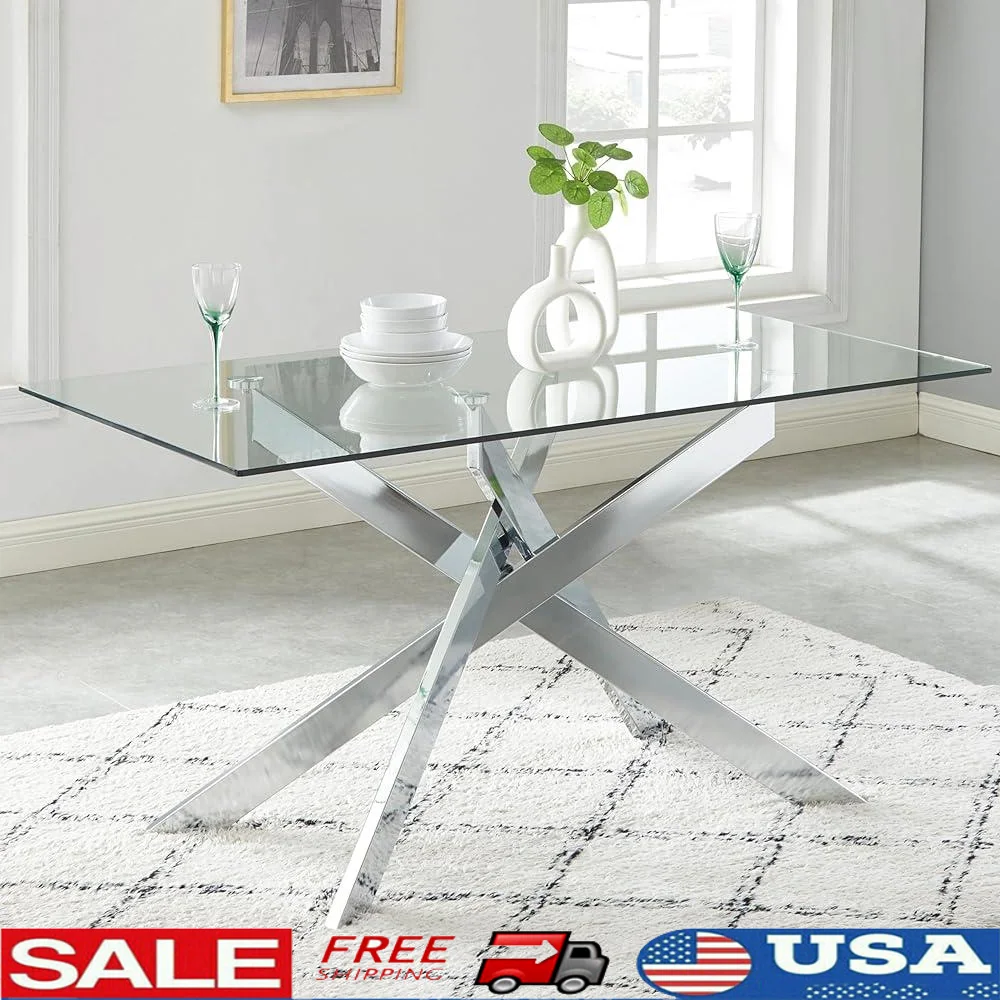 

Modern Rectangle Glass Dining Table 4 Person Tempered Glass Top Metal Legs Sturdy Easy Assembly Kitchen Dining Home Furniture
