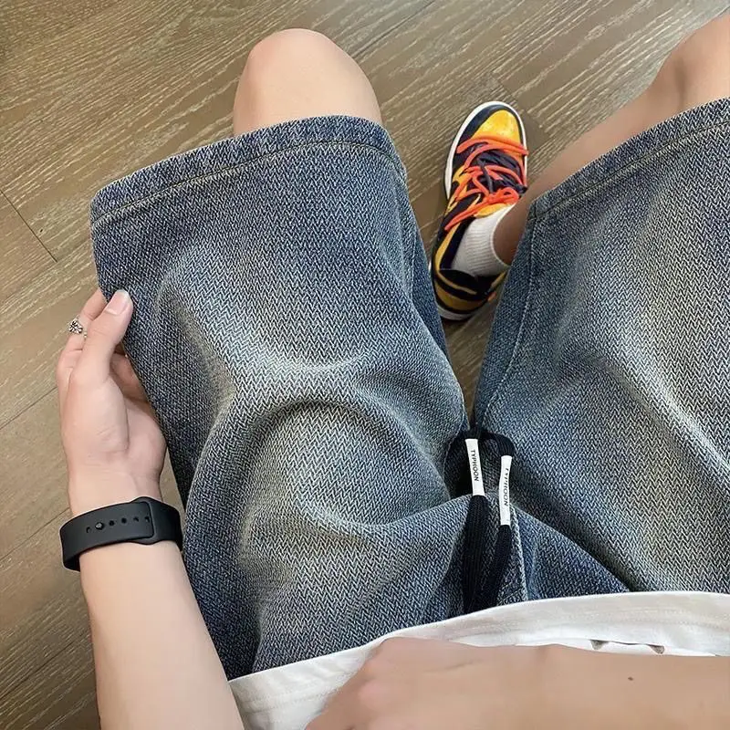 

Летние мужские джинсовые шорты, повседневные свободные потертые ковбойские шорты длиной до колена, прямые винтажные брюки в стиле Харадзюку с завязками на 5 точек