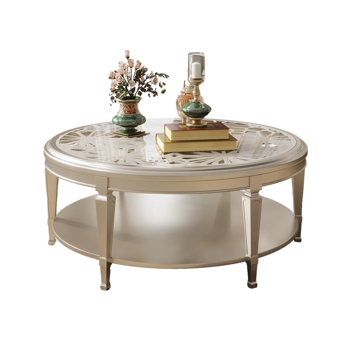 

Solid wood round coffee table, tempered glass small coffee table