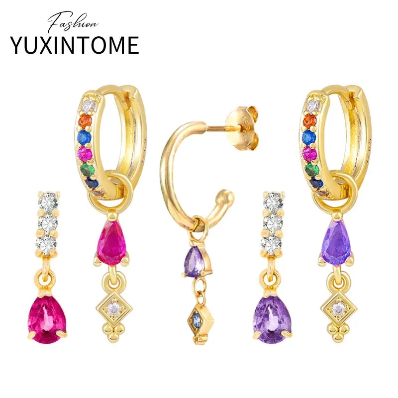 

925 Sterling Silver Needle Exquisite Colorful Water Drop Stud Earrings Women's Multicolor Zircon Pendant Earring Fashion Jewelry