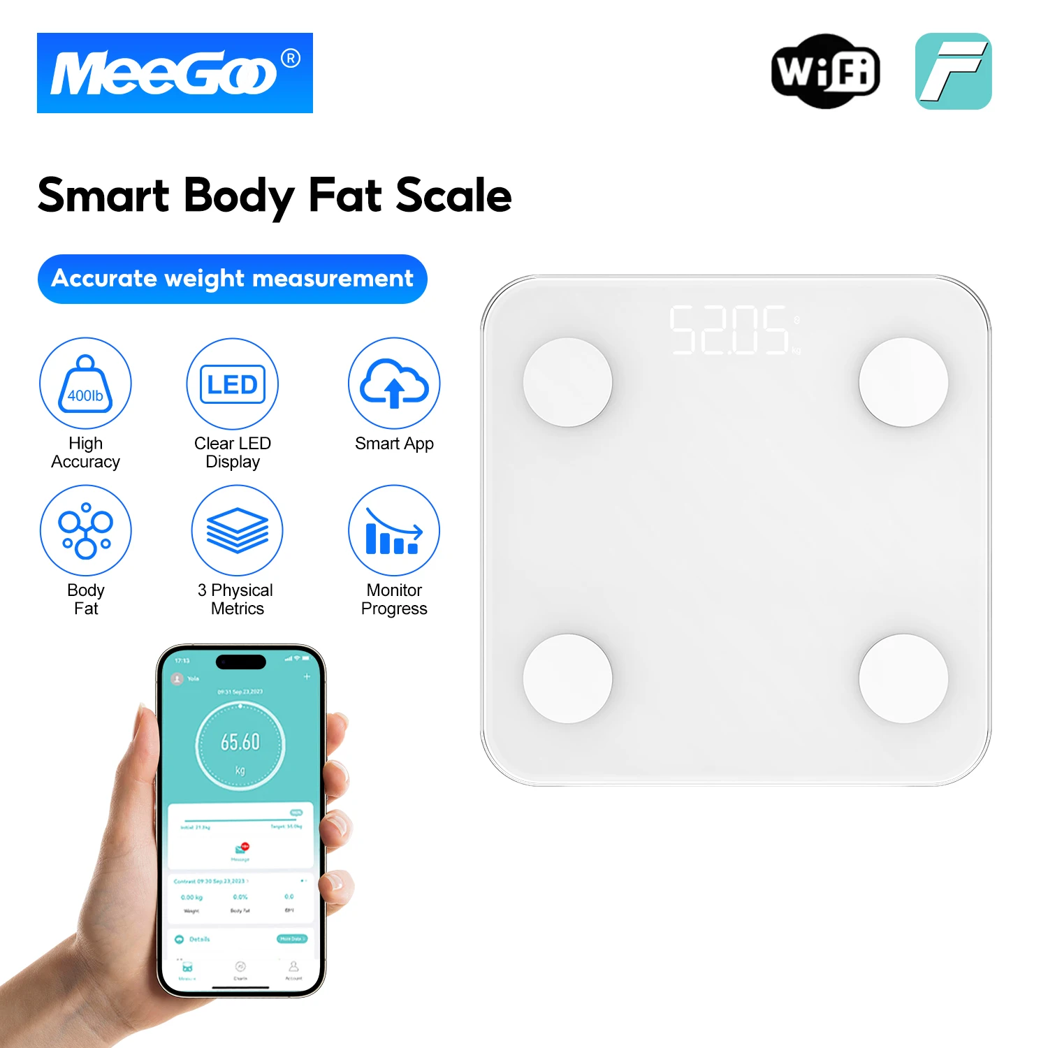 

MeeGoo Smart Body Fat Scale, Dual Frequency BIA, Bluetooth 5.0, 150KG Capacity, LED Display, Body Composition Analyzer 2026 NEW