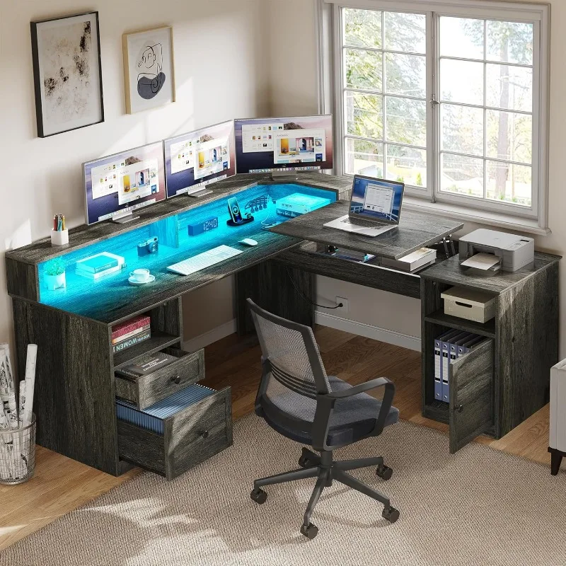 L-shaped desk with power sockets and LED lights, home office desk with monitor stand and filing cabinet