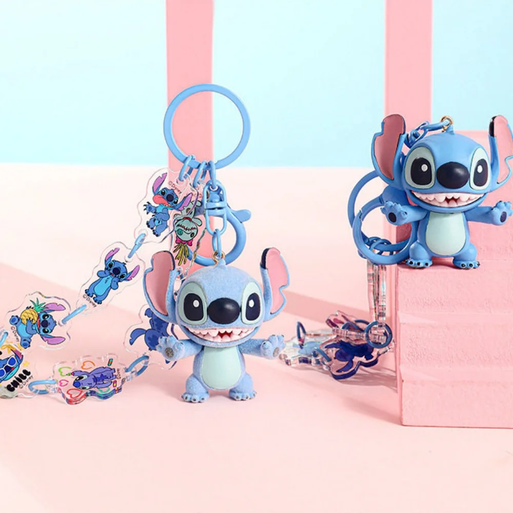 Llavero con Figura de Dibujos Animados Original de Lilo & Stitch, Figura de Disney Stitch con Acabado Flocado para Decorar Bolsos, Teléfonos y Mochilas