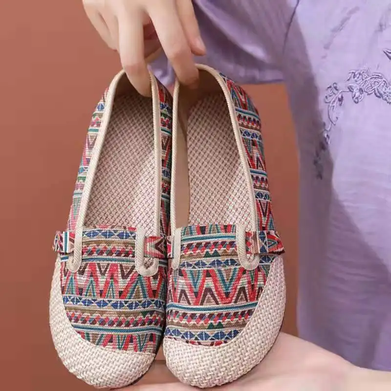 Summer Ladies Casual Comfort Bohemian Slip On Lazy Shoes Female Womens Flat Slip On Canvas Strap Loafers Straw Espadrilles