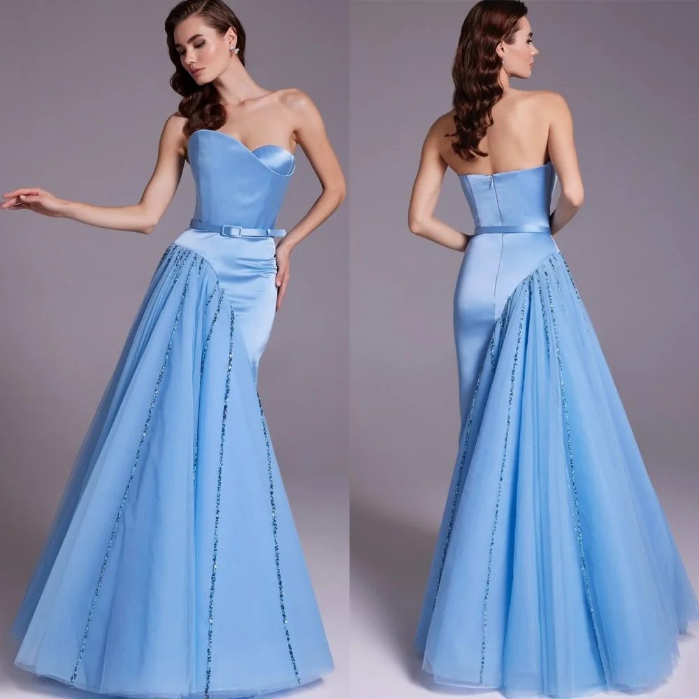 

Customized Elegant Blue Satin Homecoming Dress Formal Strapless Criss-Cross Belt(Sashes) Mermaid Zipper Back Vestido De Noche