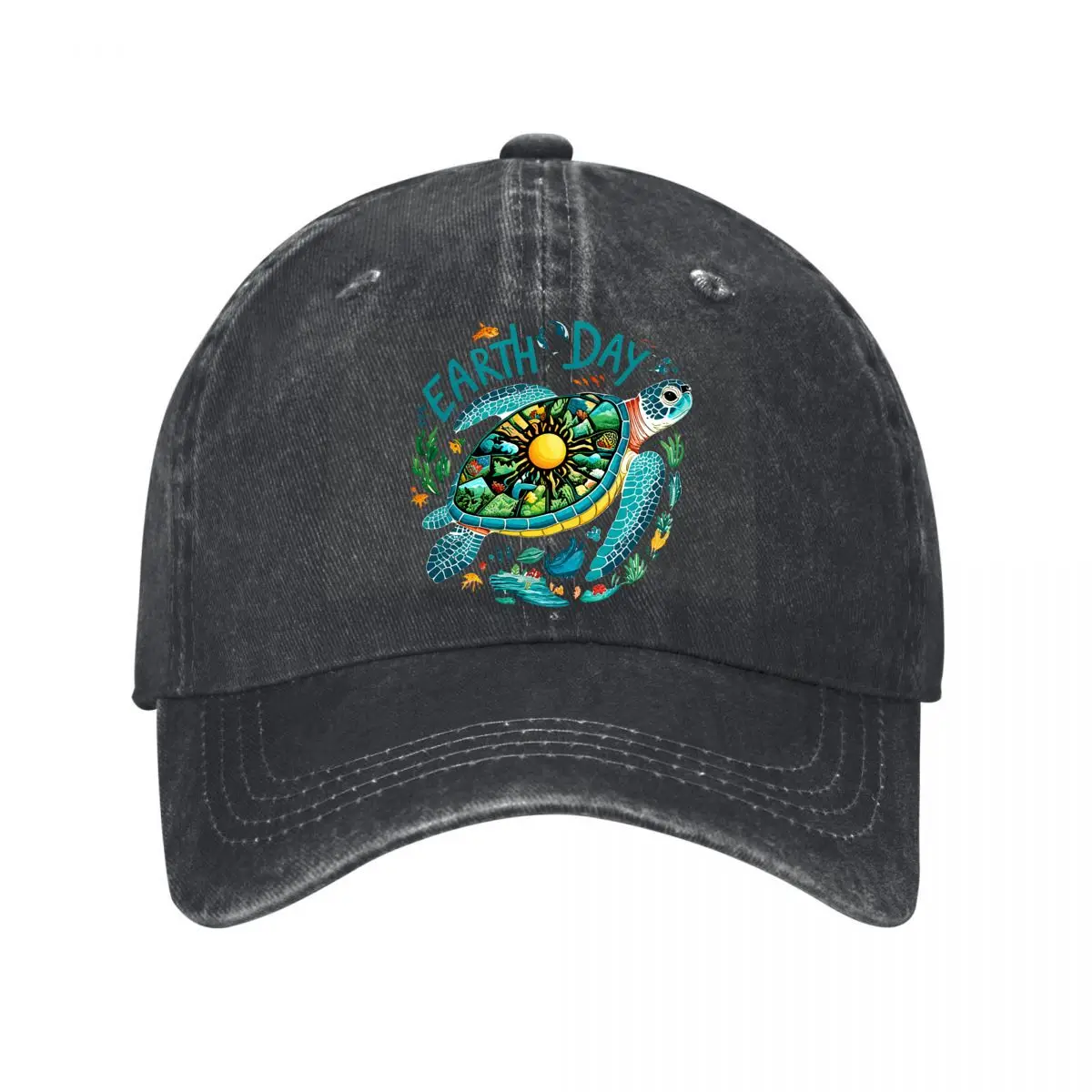 Earth Day Sea Turtle Ocean Nature Sun Graphic Baseball Cap Men Women Distressed Washed Sun Cap Outdoor Workouts Hat