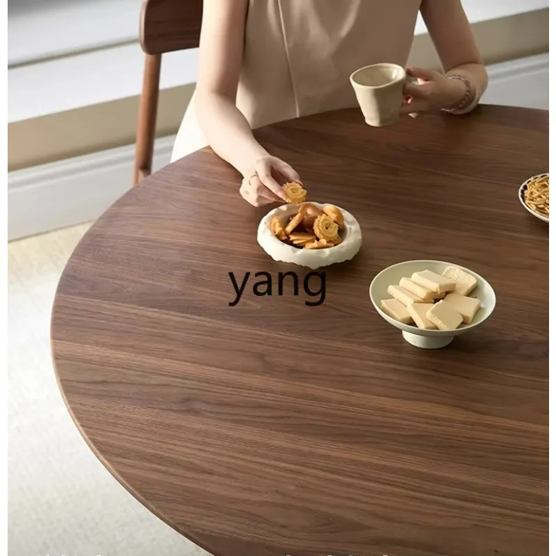 LTT solid wood round dining table household retro round table with turntable rock slab dining table