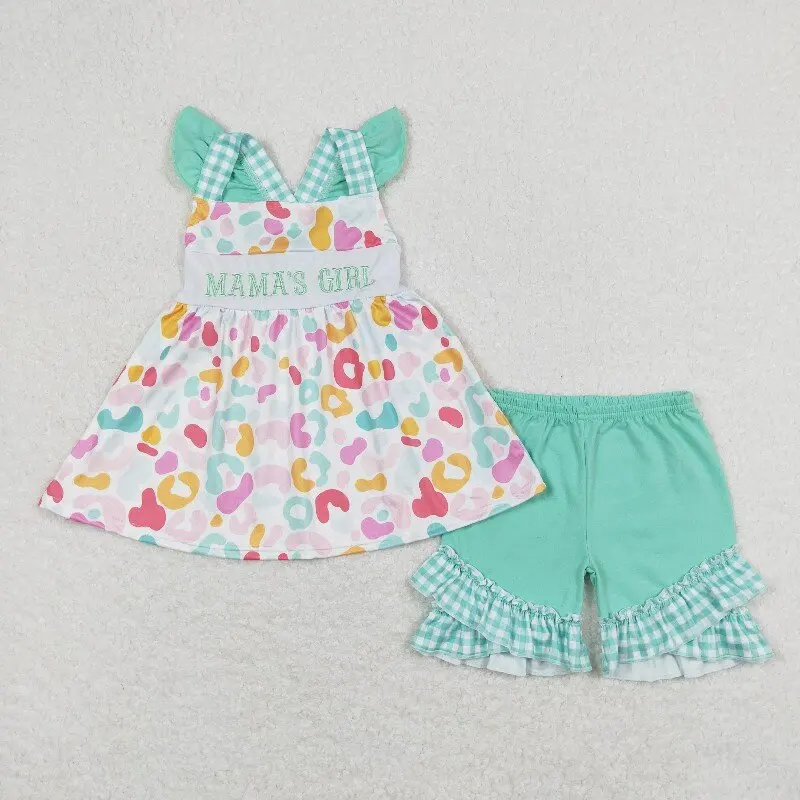 

X12.18 GSSO0815 Wholesale hot-selling mama's girl embroidered letter colorful leopard print flutter sleeve blue-green shorts set